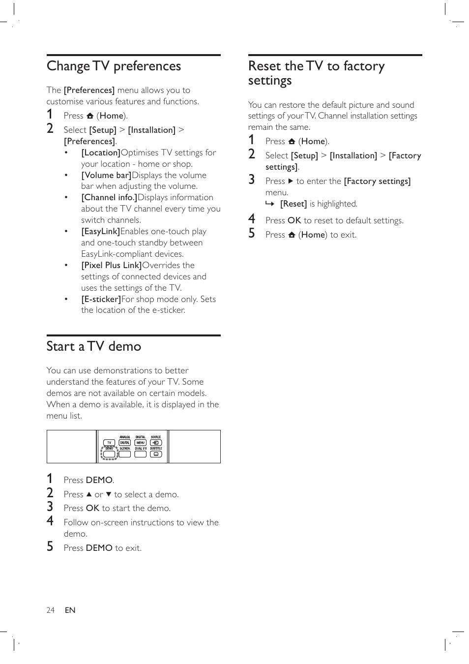 Reset the tv to factory settings, Change tv preferences, Start a tv demo | Philips 42PFL7409D/30 User Manual | Page 26 / 38