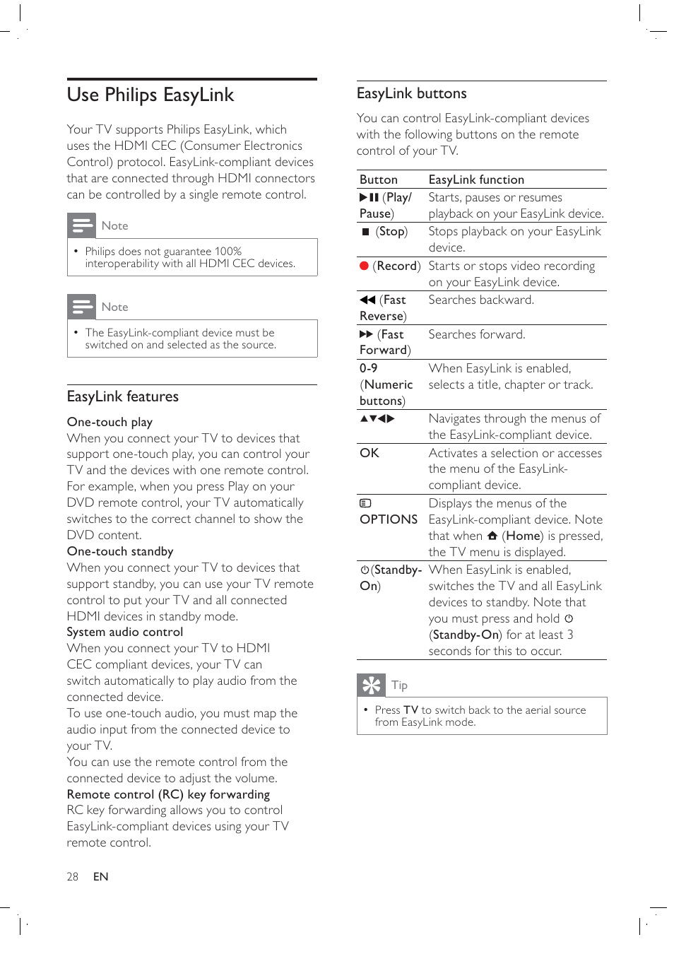 Use philips easylink, Easylink buttons, Easylink features | Philips 42PFL7409D/30 User Manual | Page 30 / 38