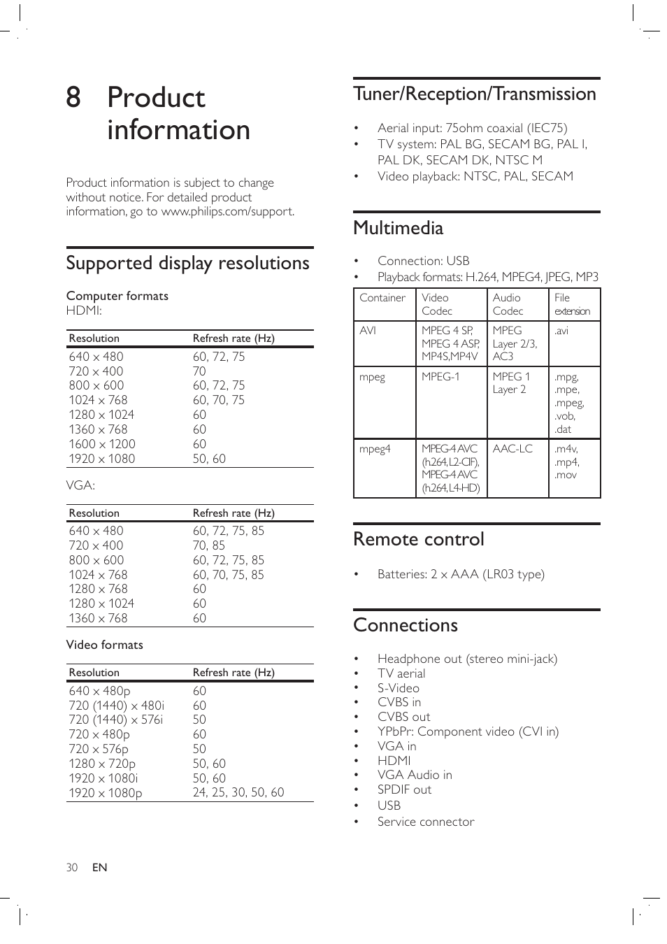 8 product information, Tuner/reception/transmission, Multimedia | Remote control, Connections, Supported display resolutions | Philips 42PFL7409D/30 User Manual | Page 32 / 38