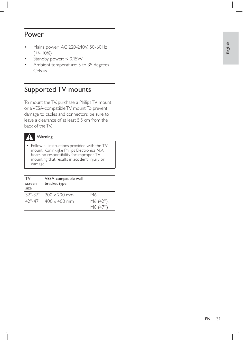 Power, Supported tv mounts | Philips 42PFL7409D/30 User Manual | Page 33 / 38
