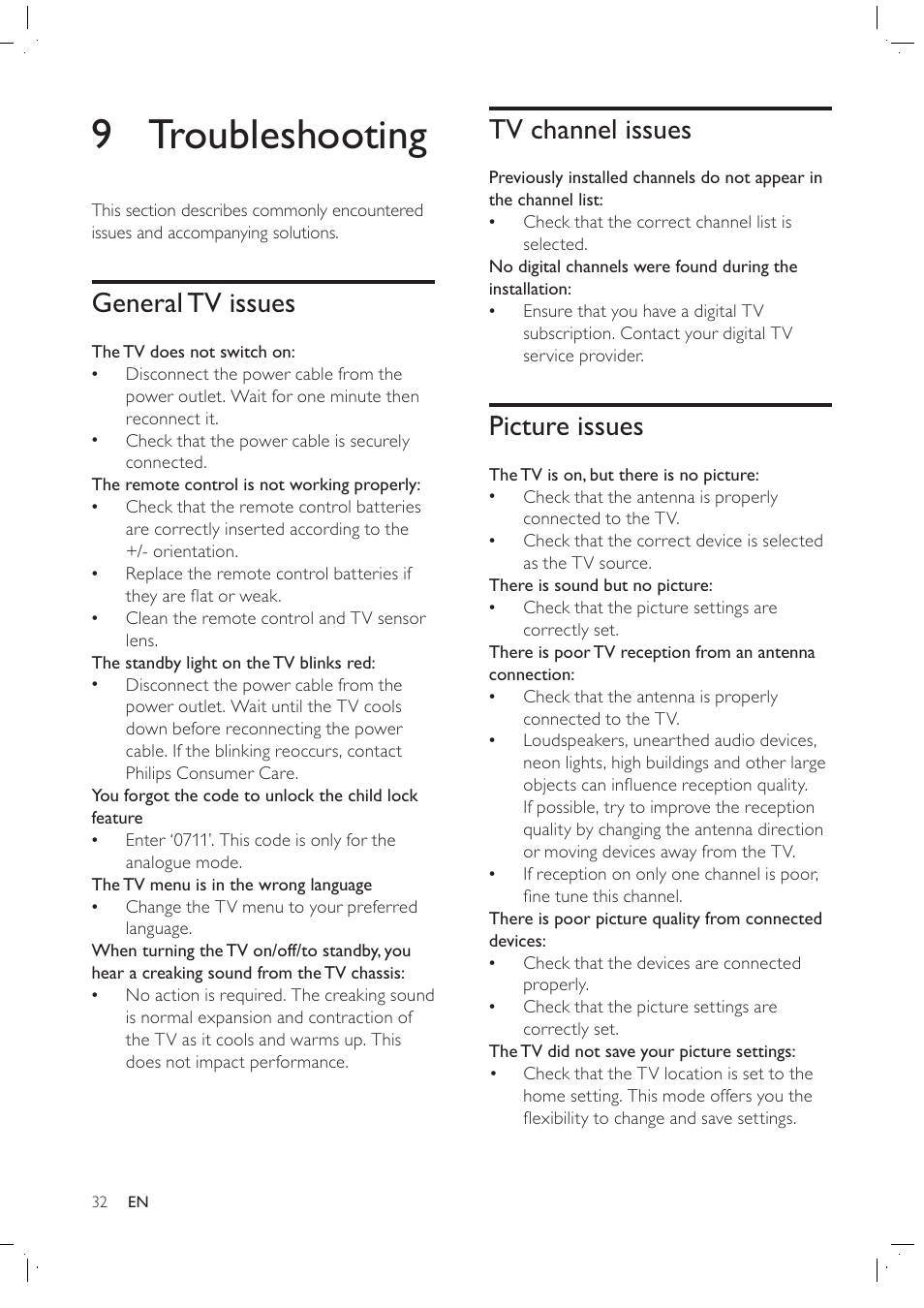 9 troubleshooting, Tv channel issues, Picture issues | General tv issues | Philips 42PFL7409D/30 User Manual | Page 34 / 38