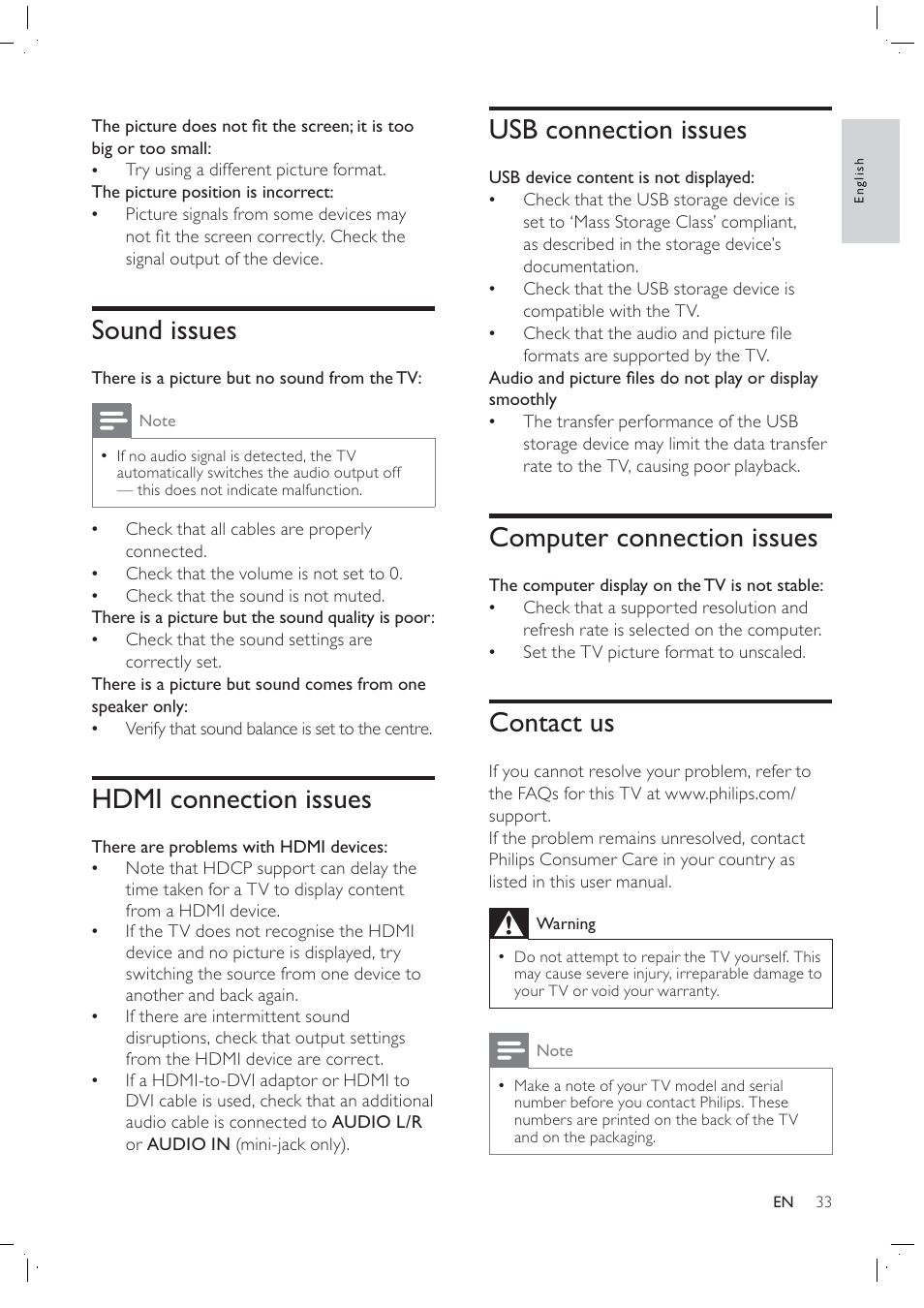 Usb connection issues, Computer connection issues, Contact us | Sound issues, Hdmi connection issues | Philips 42PFL7409D/30 User Manual | Page 35 / 38