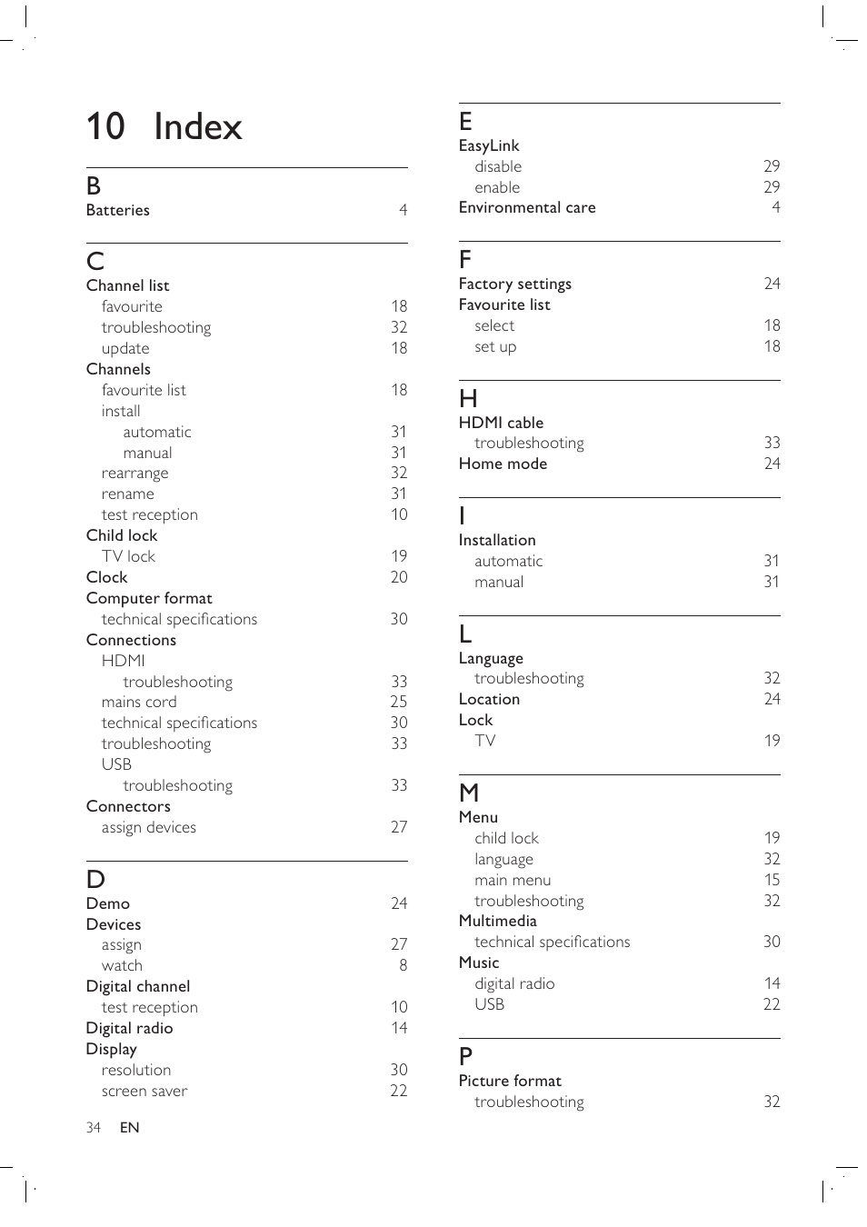 10 index | Philips 42PFL7409D/30 User Manual | Page 36 / 38