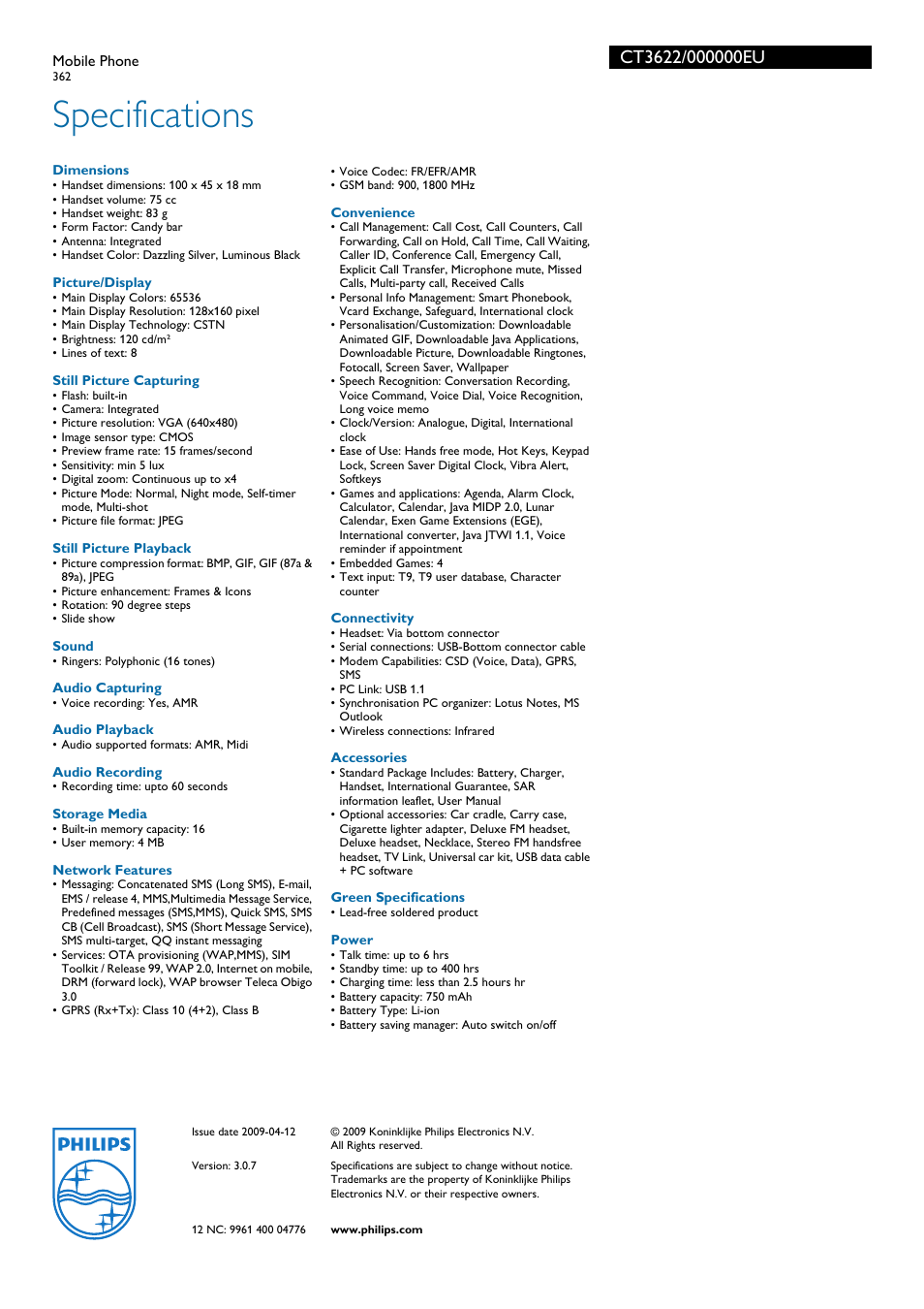 Specifications | Philips CT3622 User Manual | Page 3 / 3