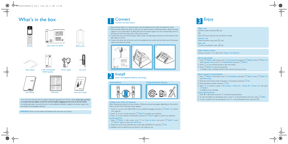 What’s in the box, Connect, Install | Enjoy | Philips SE 745 User Manual | Page 2 / 2