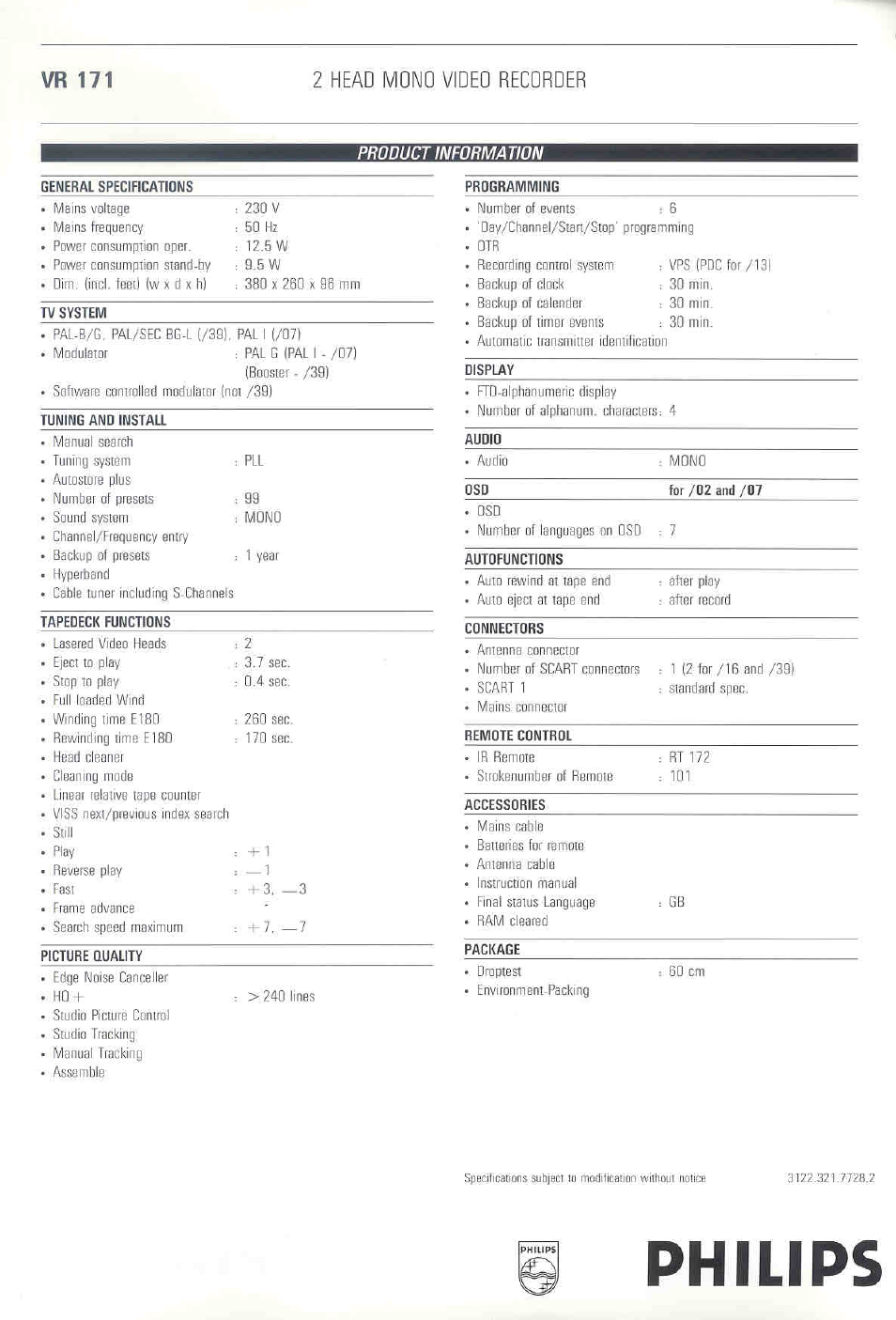 Philips, 2 head mono video recorder, Vr 171 | Product information | Philips VR171 User Manual | Page 2 / 2