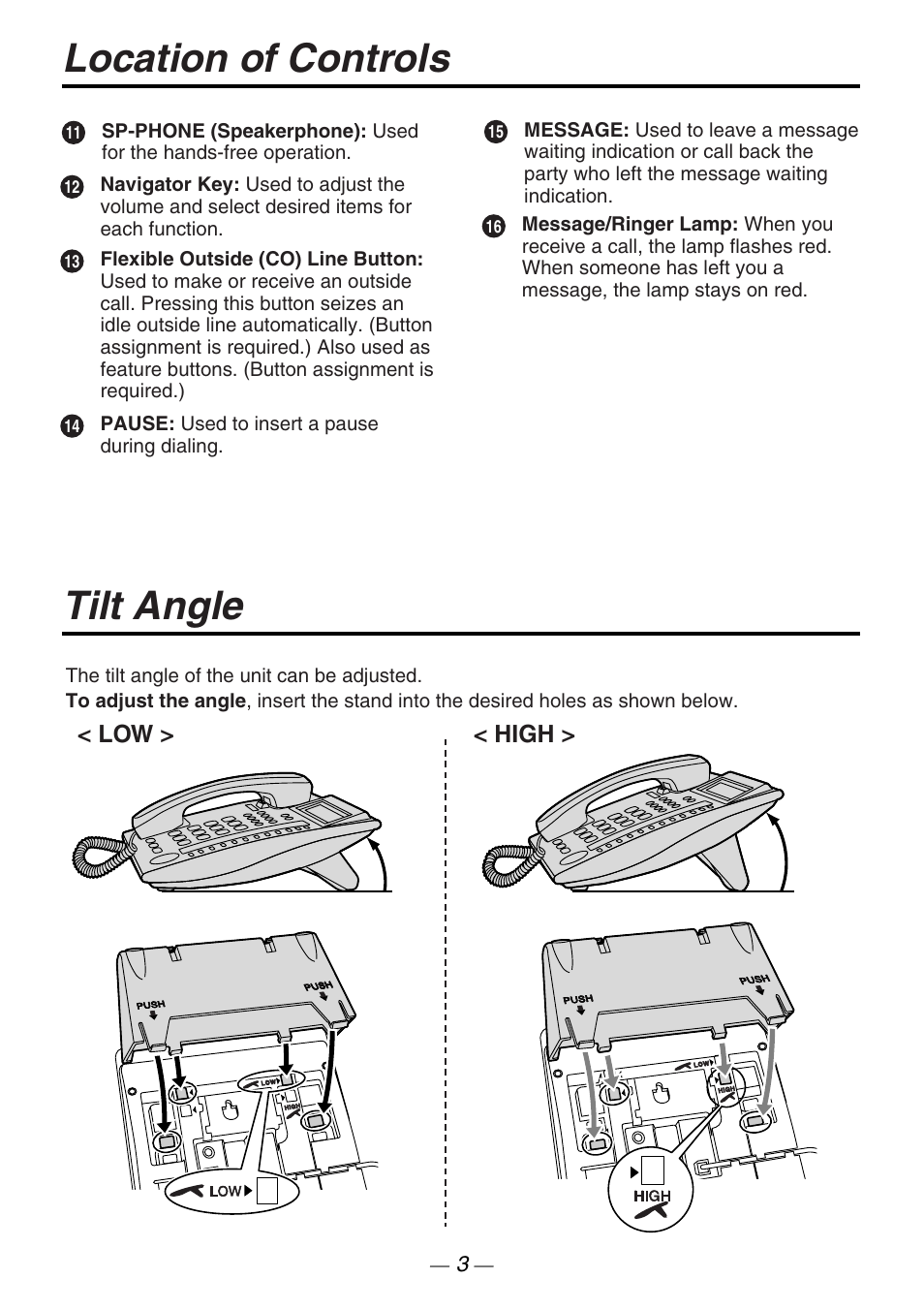 Location of controls, Tilt angle, Low > < high | Philips VOICESONIC KX-T7667 User Manual | Page 3 / 8