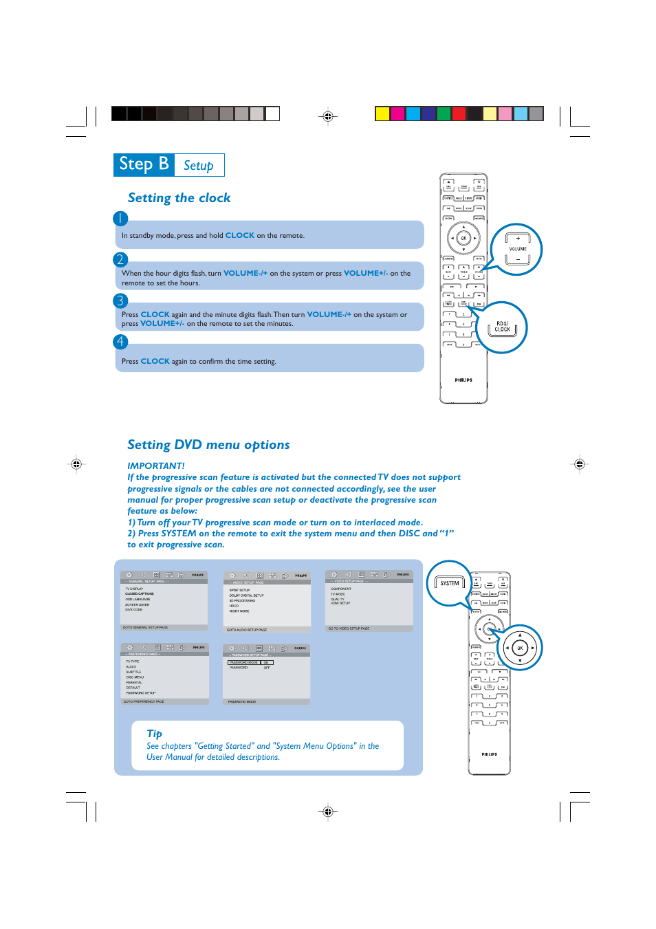 Setting the clock 1 2 3 4, Setting dvd menu options | Philips MCD 908 User Manual | Page 3 / 4