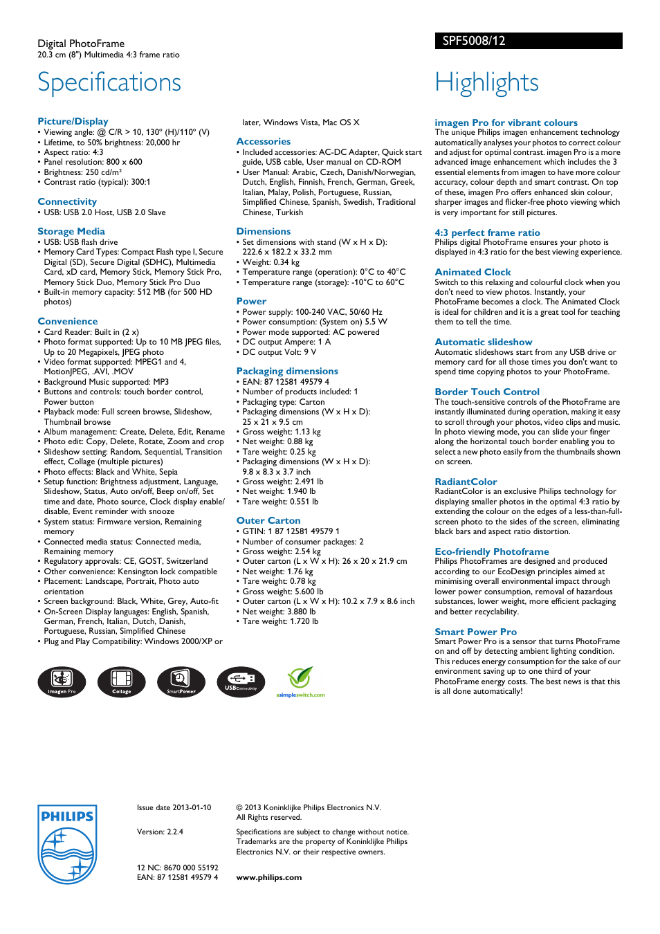 Specifications, Highlights | Philips SPF5008/12 User Manual | Page 2 / 2