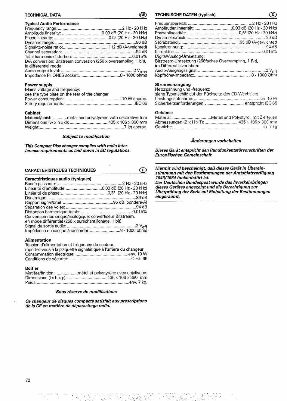 Typical audio performance, Power supply, Cabinet | Stromversorgung, Gehäuse, Caracteristiques techniques, Caractéristiques audio (typiques), Alimentation, Boîtier | Philips CDC 925/20S User Manual | Page 11 / 15