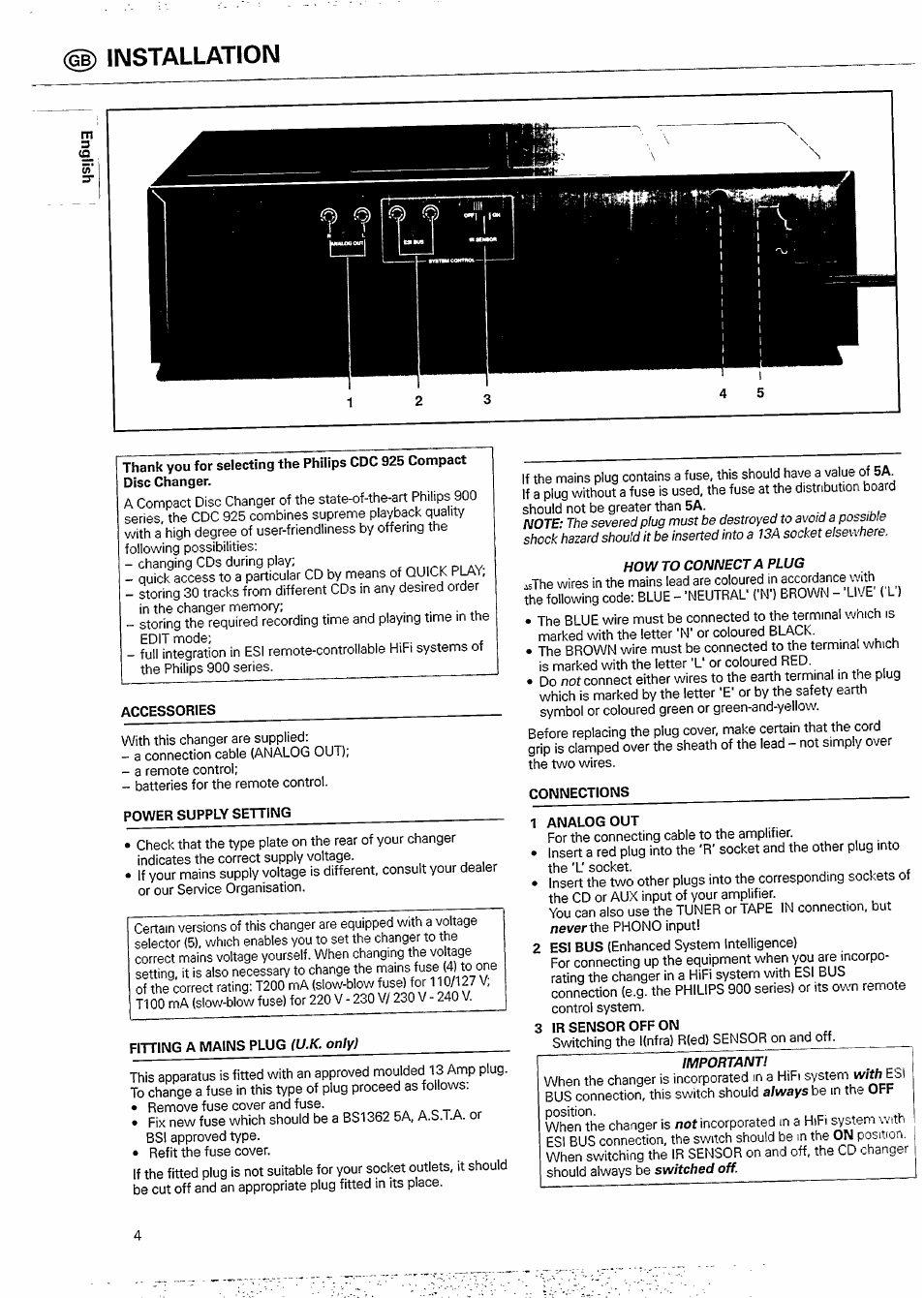 Accessories, Power supply setting, Fitting a mains plug (u.k. only) | Connections, 1 analog out, 3 ir sensor off on, Installation | Philips CDC 925/20S User Manual | Page 4 / 15