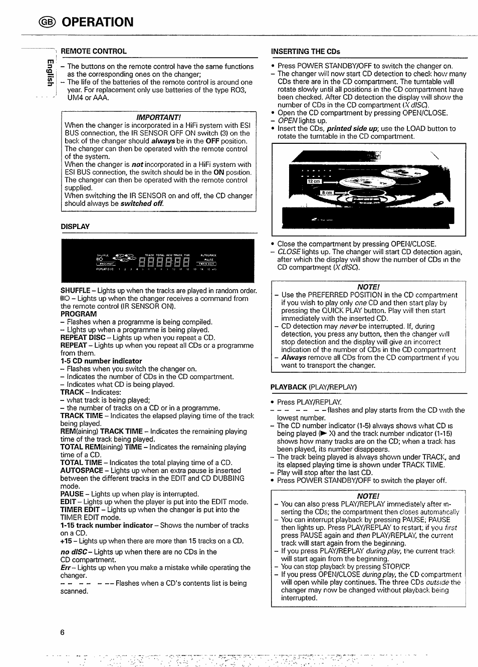 H) operation, Disc, Remote control inserting the cds | Display, Playback | Philips CDC 925/20S User Manual | Page 6 / 15