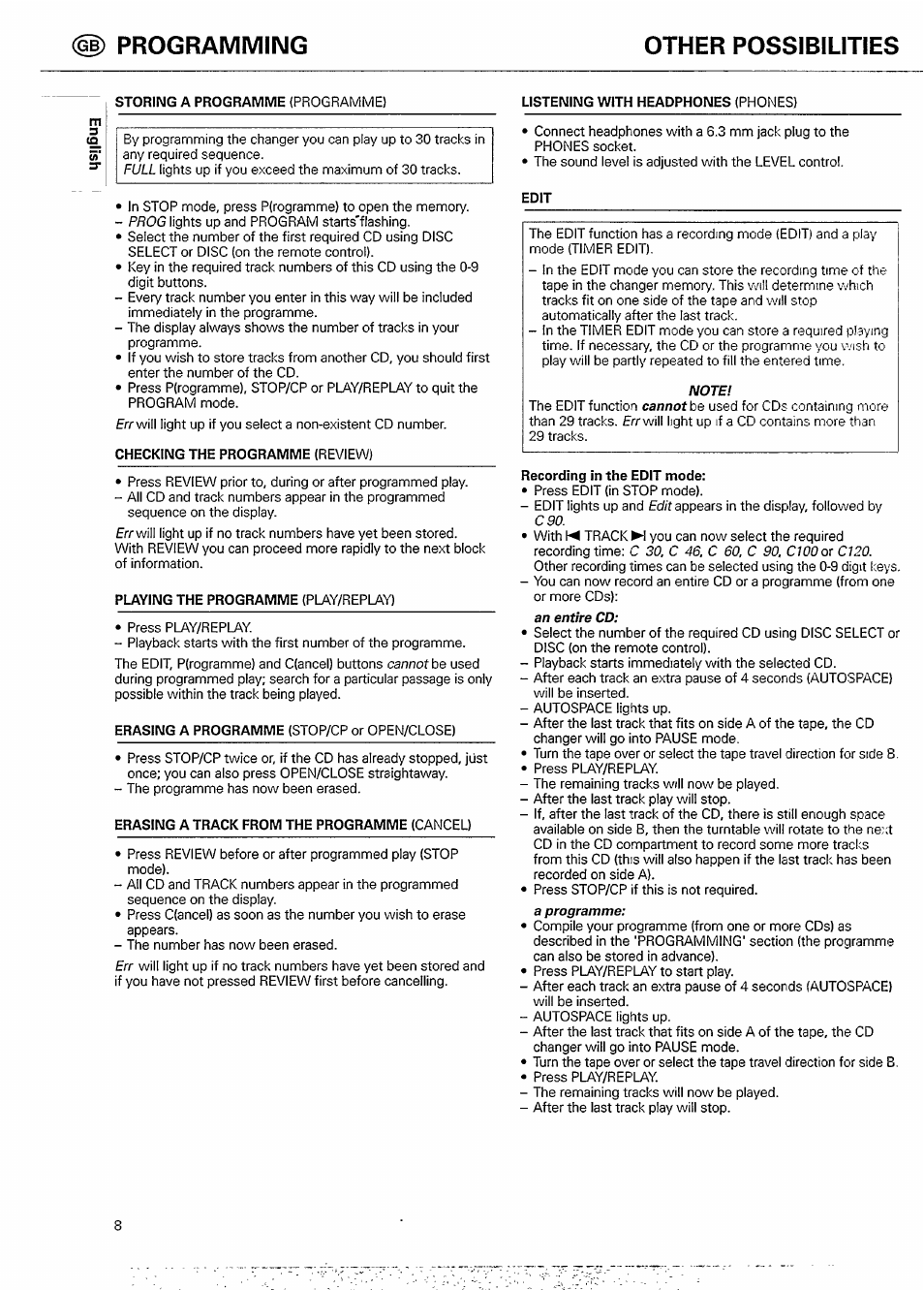 Programming, Other possibilities, Checking the programme (review) | Erasing a track from the programme (cancel), Listening with headphones (phones), Recording in the edit mode, Programming other possibilities | Philips CDC 925/20S User Manual | Page 8 / 15