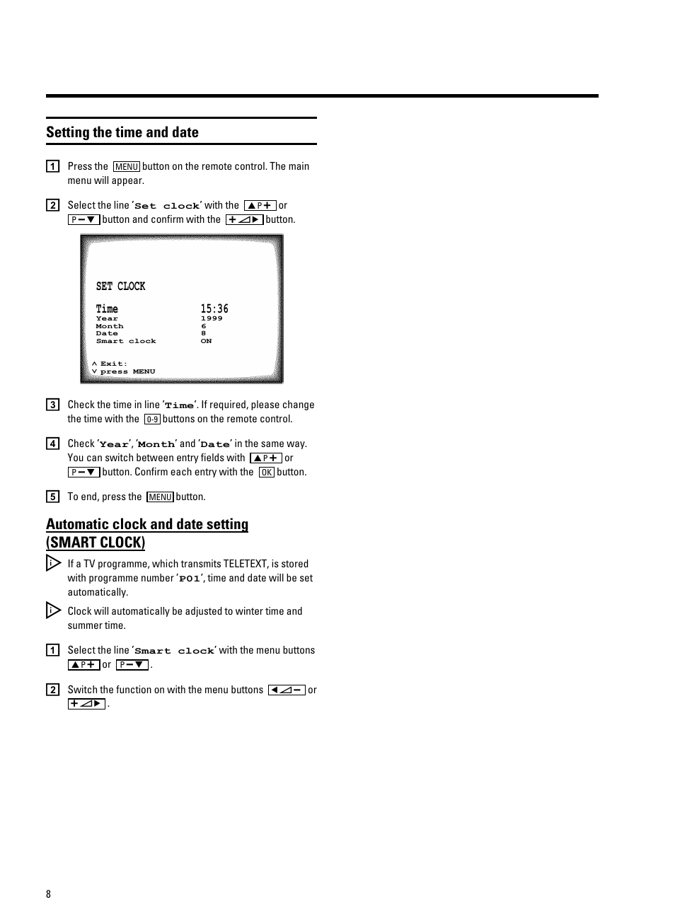 Setting the time and date, Automatic clock and date setting (smart clock) | Philips 14PV325/05S User Manual | Page 10 / 24