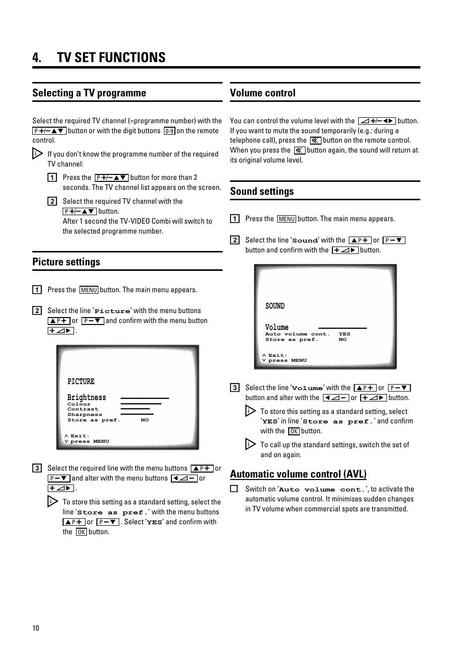 Tv set functions, Selecting a tv programme, Automatic volume control (avl) | Picture settings, Volume control, Sound settings | Philips 14PV325/05S User Manual | Page 12 / 24