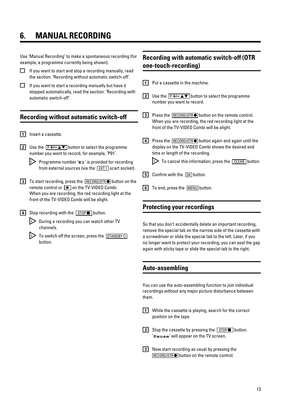 Manual recording, Recording without automatic switch-off, Protecting your recordings | Auto-assembling | Philips 14PV325/05S User Manual | Page 15 / 24