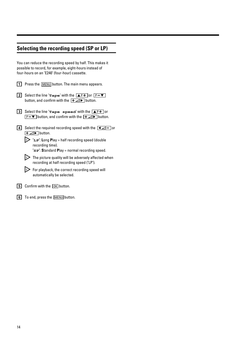 Selecting the recording speed (sp or lp) | Philips 14PV325/05S User Manual | Page 16 / 24