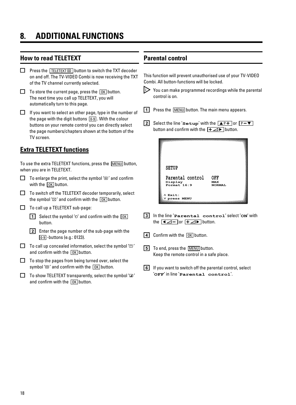 Additional functions, How to read teletext, Parental control | Extra teletext functions | Philips 14PV325/05S User Manual | Page 20 / 24