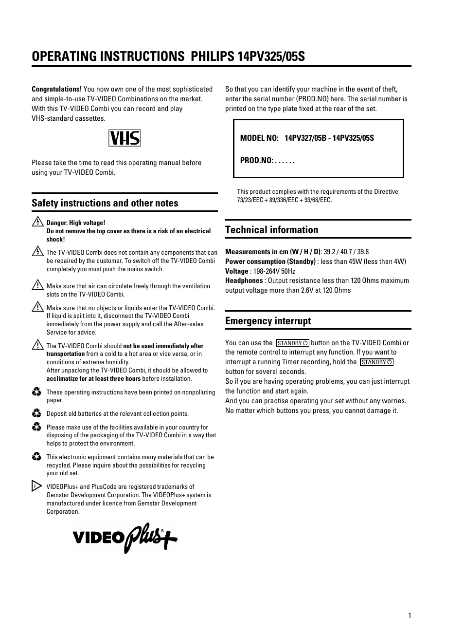 Technical information, Emergency interrupt | Philips 14PV325/05S User Manual | Page 4 / 24