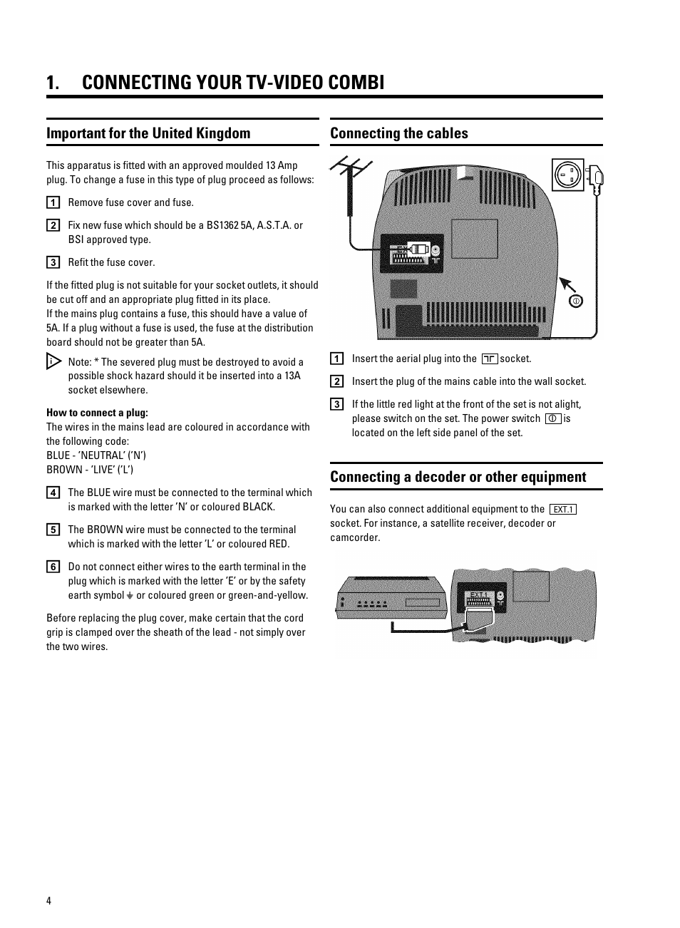 Connecting your tv-video combi, Connecting the cables, Connecting a decoder or other equipment | Important for the united kingdom | Philips 14PV325/05S User Manual | Page 6 / 24