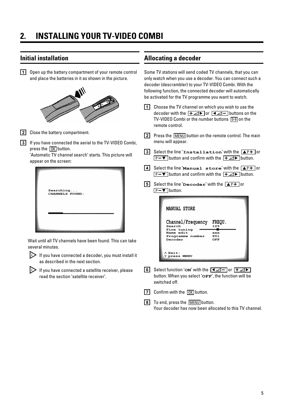 Installing your tv-video combi, Initial installation, Allocating a decoder | Philips 14PV325/05S User Manual | Page 7 / 24