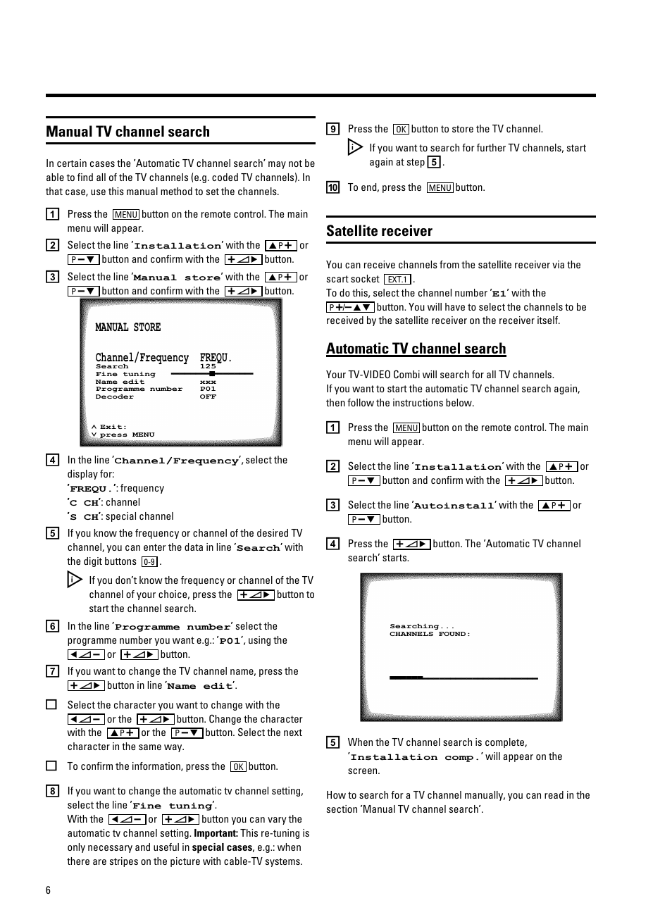 Manual tv channel search, Satellite receiver, Automatic tv channel search | Philips 14PV325/05S User Manual | Page 8 / 24