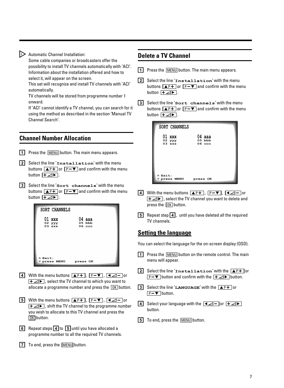 Channel number allocation, Delete a tv channel, Setting the language | Philips 14PV325/05S User Manual | Page 9 / 24