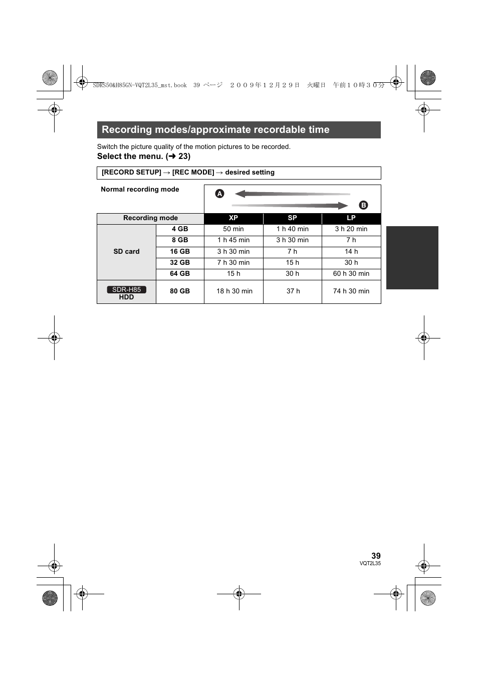 Recording modes/approximate recordable time | Philips SDR-S50 User Manual | Page 39 / 116