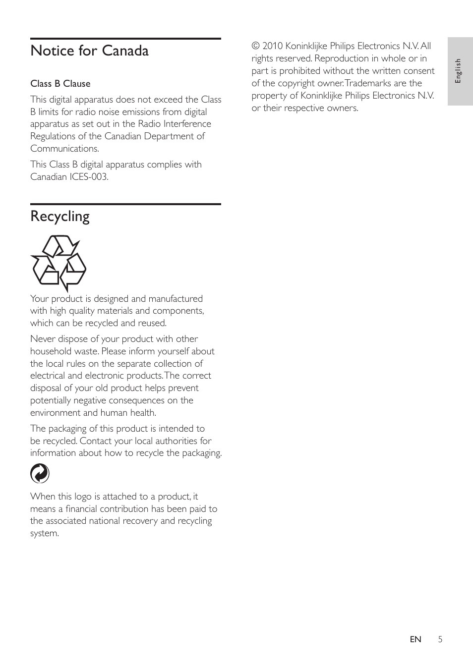Notice for canada, Recycling | Philips SDV5122T/27 User Manual | Page 5 / 12