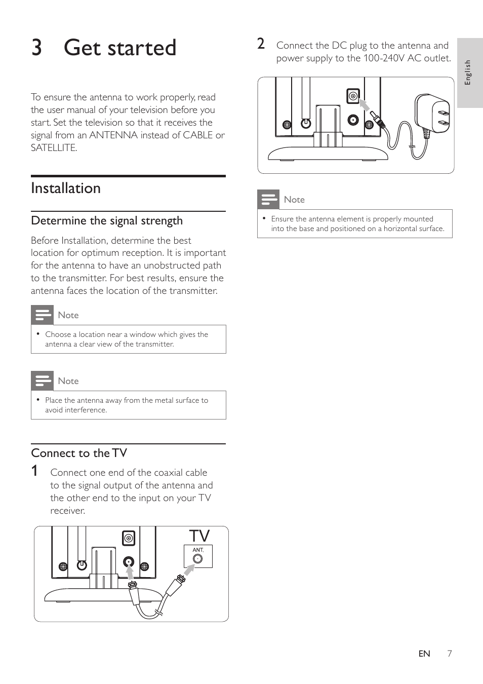 3 get started, Installation, Determine the signal strength | Connect to the tv | Philips SDV5122T/27 User Manual | Page 7 / 12