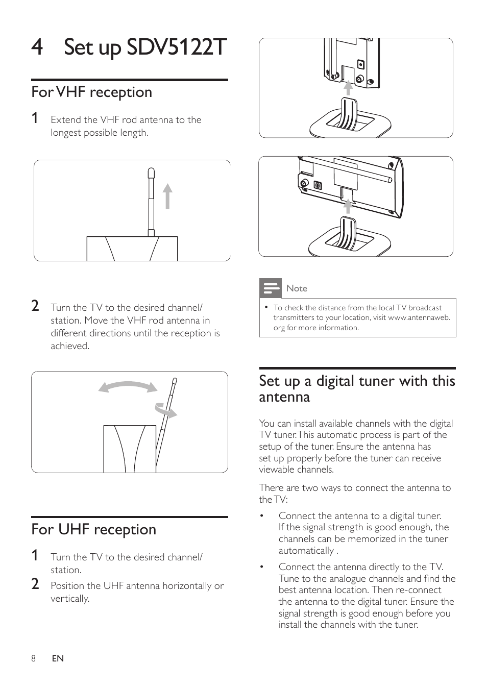 4 set up sdv5122t, For vhf reception, For uhf reception | Set up a digital tuner with this antenna | Philips SDV5122T/27 User Manual | Page 8 / 12