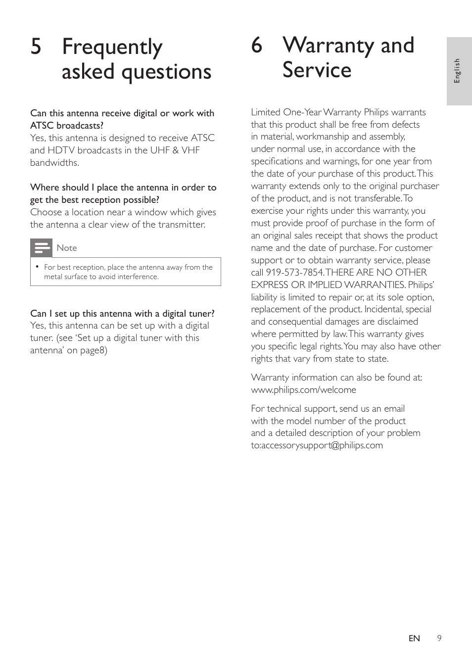 5 frequently asked questions, 6 warranty and service | Philips SDV5122T/27 User Manual | Page 9 / 12