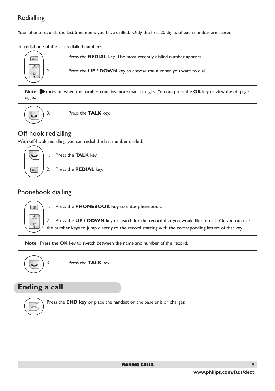 Redialling, Off-hook redialling, Phonebook dialling | Ending a call, 9 phonebook dialling | Philips DECT 221 User Manual | Page 10 / 35