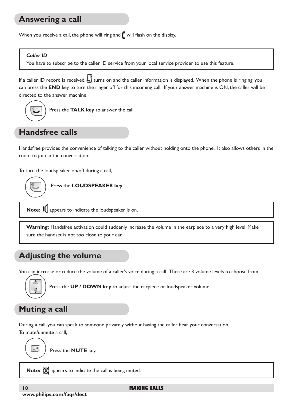 Answering a call, Handsfree calls, Adjusting the volume | Muting a call, 10 handsfree calls, 10 muting a call | Philips DECT 221 User Manual | Page 11 / 35