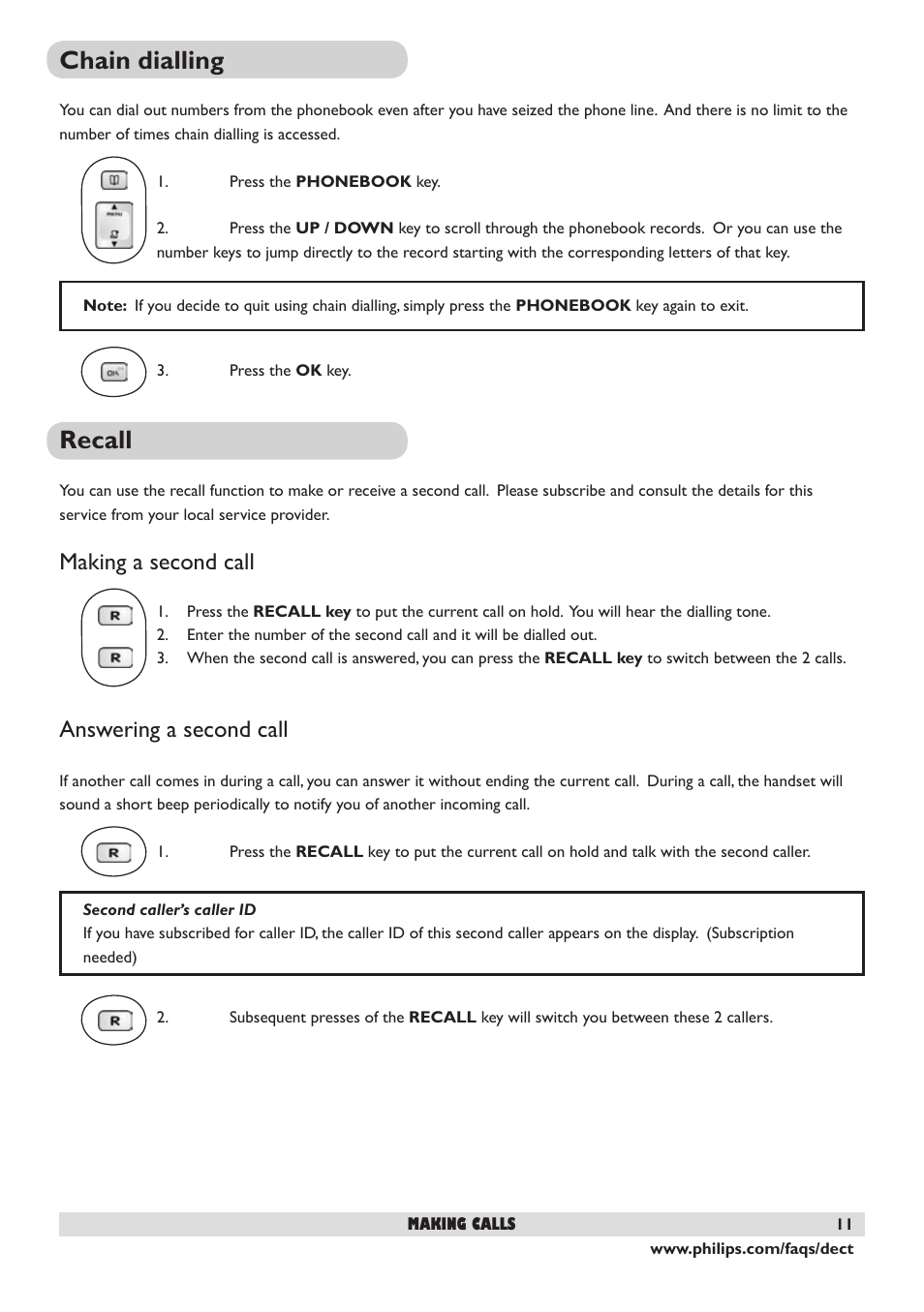 Chain dialling, Recall, Making a second call | Answering a second call, 11 recall | Philips DECT 221 User Manual | Page 12 / 35
