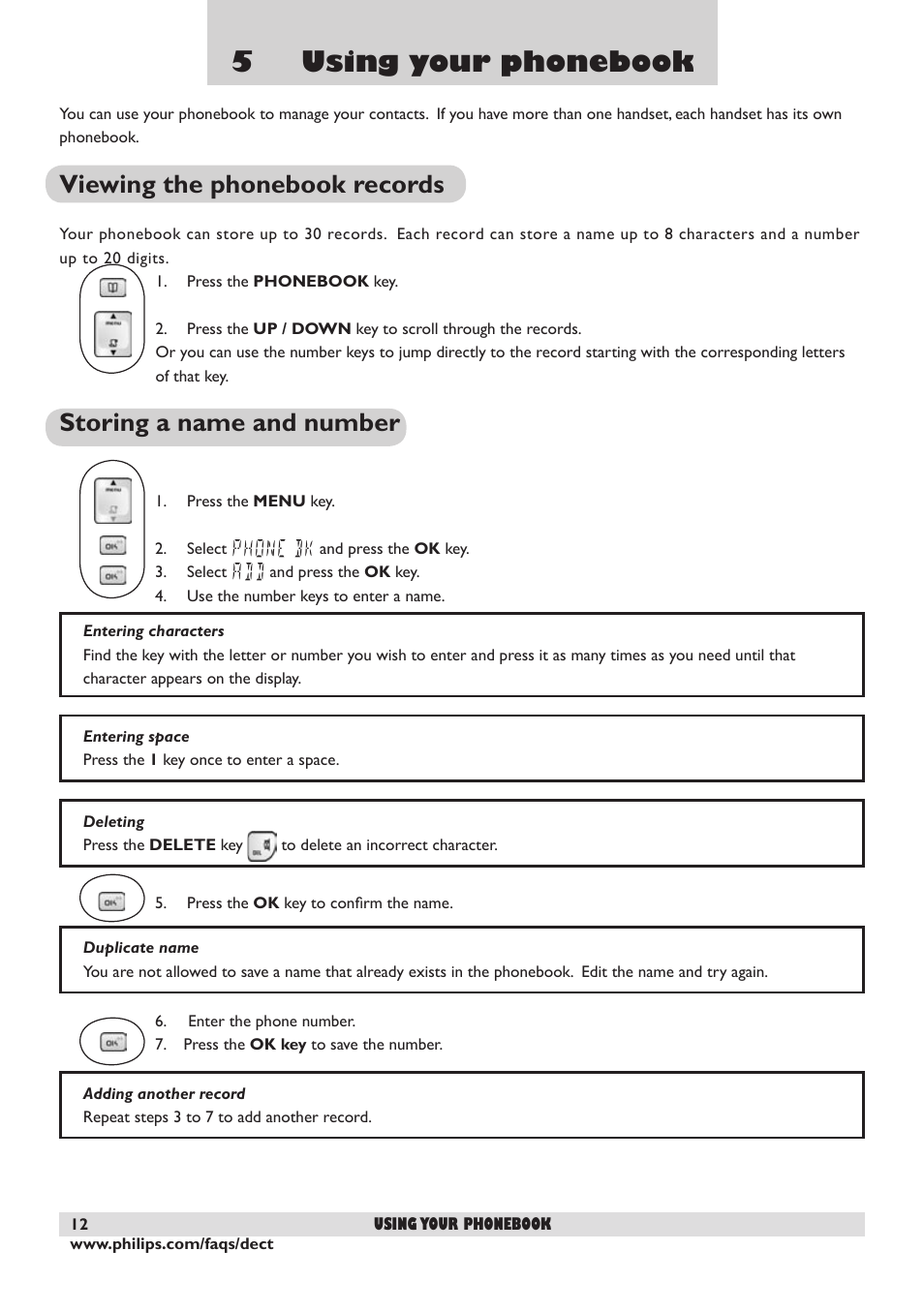 5 using your phonebook, Viewing the phonebook records, Storing a name and number | Philips DECT 221 User Manual | Page 13 / 35