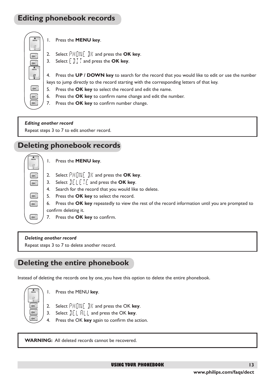 Editing phonebook records, Deleting phonebook records, Deleting the entire phonebook | 13 deleting phonebook records | Philips DECT 221 User Manual | Page 14 / 35