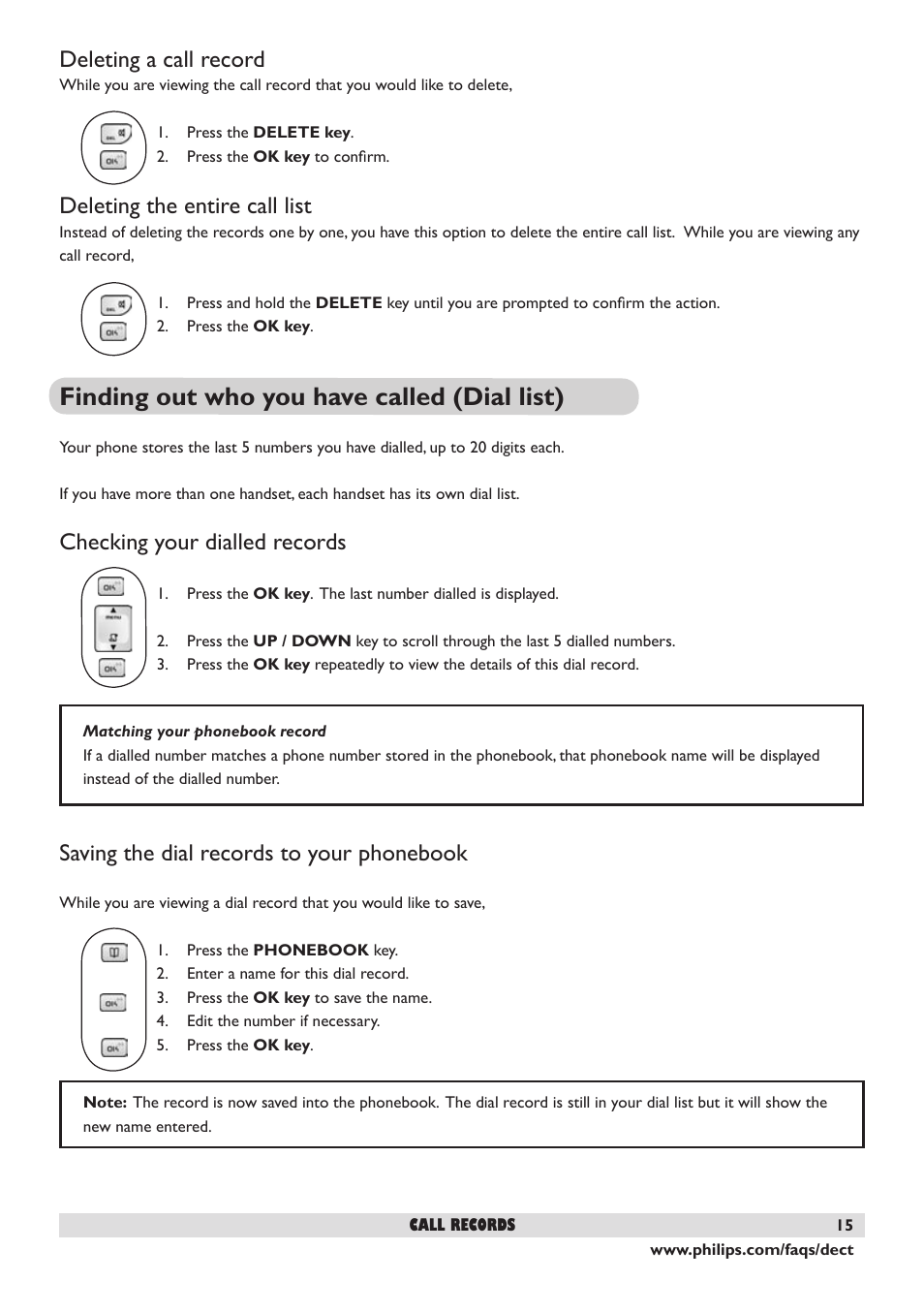 Deleting a call record, Deleting the entire call list, Finding out who you have called (dial list) | Checking your dialled records, Saving the dial records to your phonebook, 15 deleting the entire call list, 15 saving the dial records to your phonebook | Philips DECT 221 User Manual | Page 16 / 35