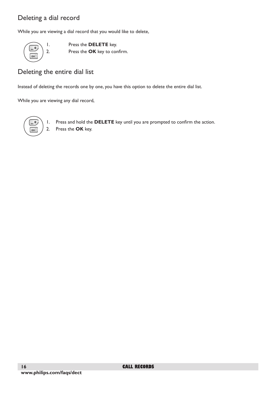 Deleting a dial record, Deleting the entire dial list, 16 deleting the entire dial list | Philips DECT 221 User Manual | Page 17 / 35