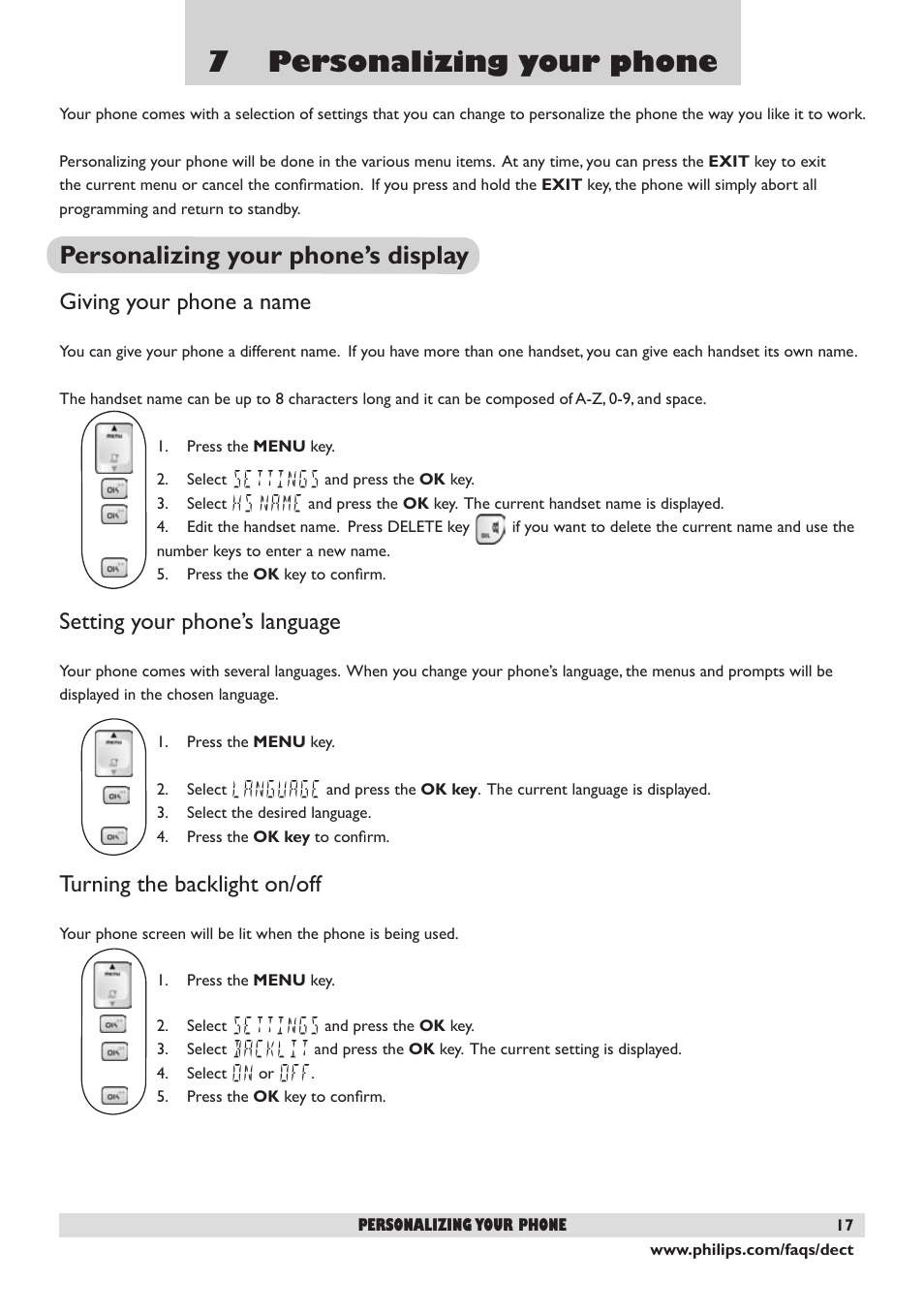 7 personalizing your phone, Personalizing your phone’s display, Giving your phone a name | Setting your phone’s language, Turning the backlight on/off, 17 setting your phone’s language | Philips DECT 221 User Manual | Page 18 / 35