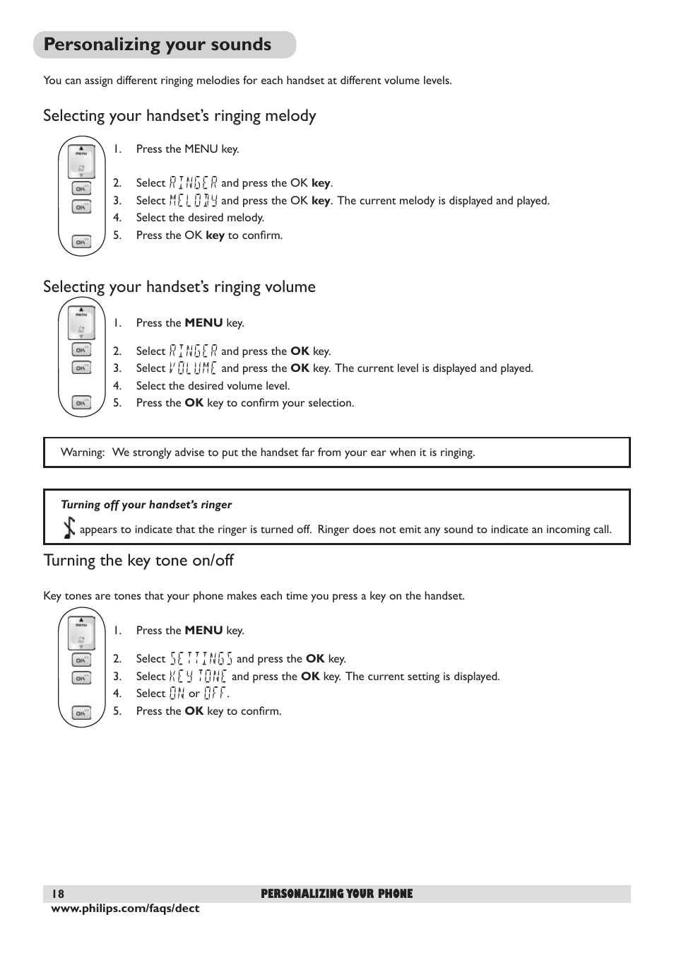 Personalizing your sounds, Selecting your handset’s ringing melody, Selecting your handset’s ringing volume | Turning the key tone on/off, 18 selecting your handset’s ringing volume, 18 turning the key tone on/off | Philips DECT 221 User Manual | Page 19 / 35