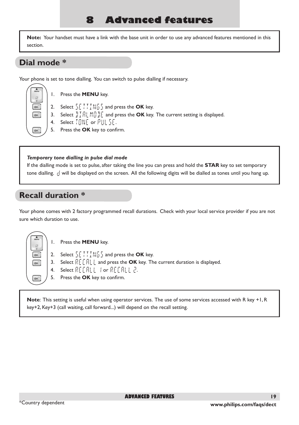 8 advanced features, Dial mode, Recall duration | 19 recall duration | Philips DECT 221 User Manual | Page 20 / 35