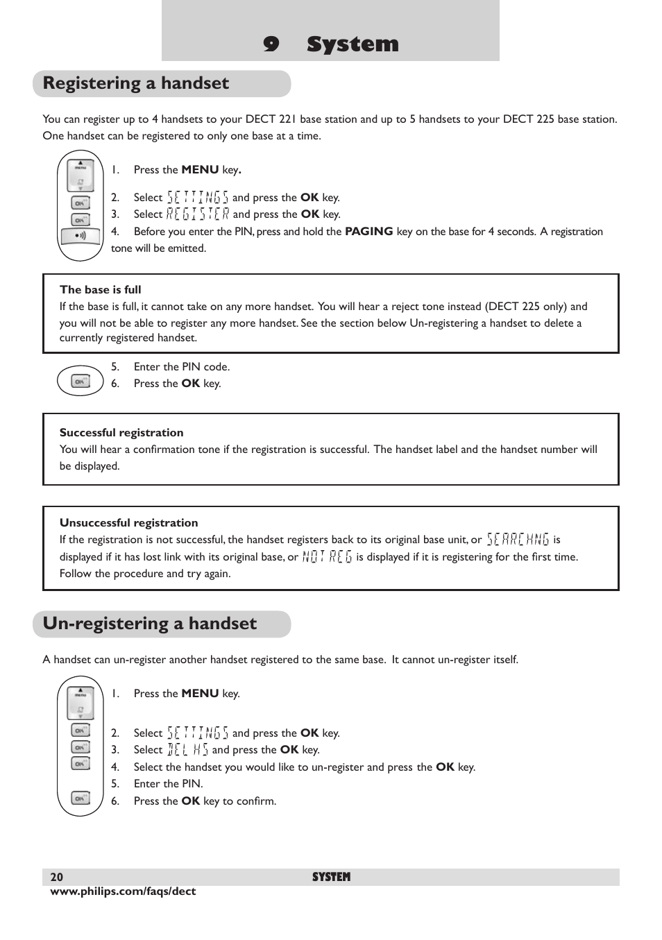 9 system, Registering a handset, Un-registering a handset | 20 un-registering a handset | Philips DECT 221 User Manual | Page 21 / 35