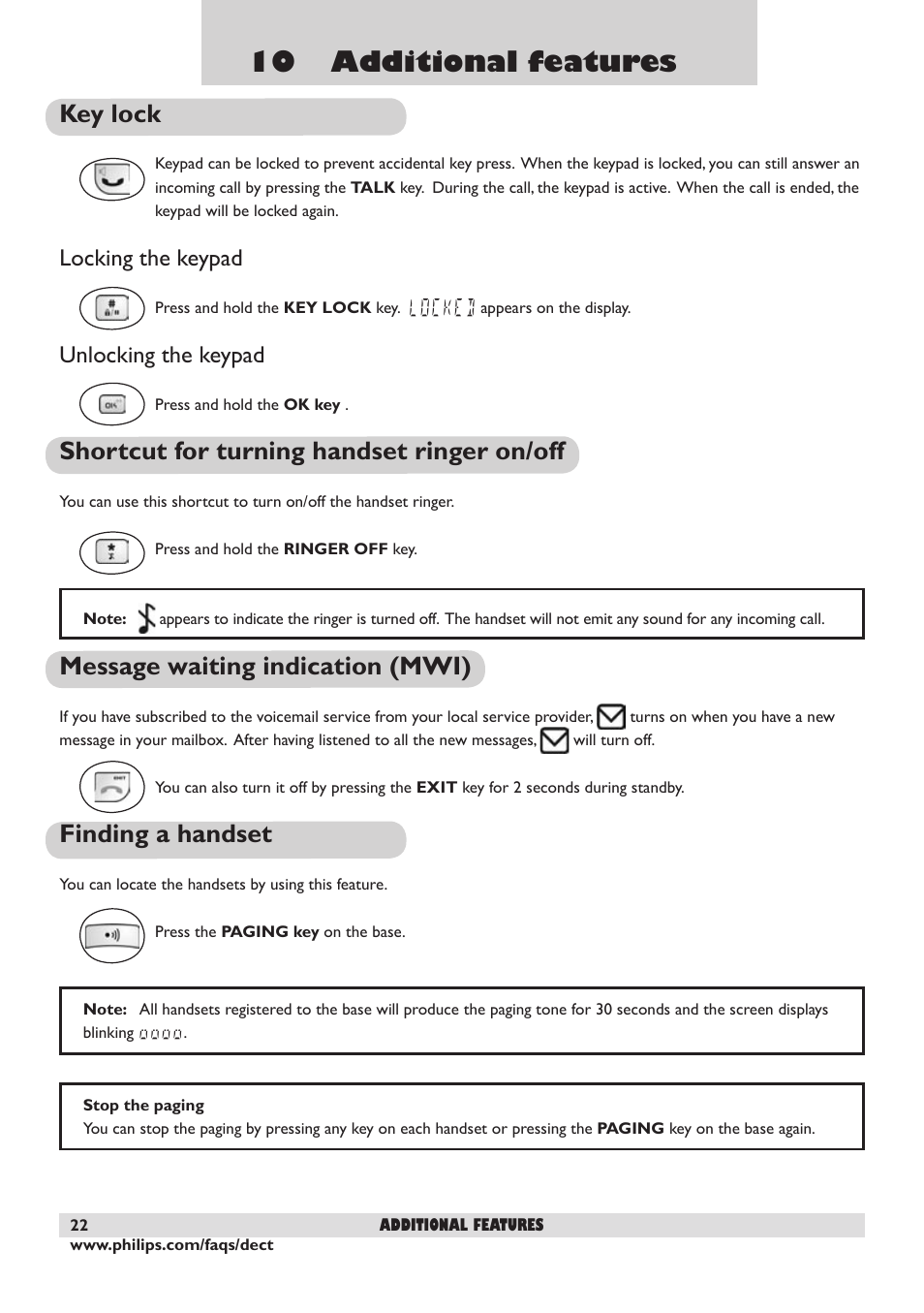 10 additional features, Key lock, Locking the keypad | Unlocking the keypad, Shortcut for turning handset ringer on/off, Message waiting indication (mwi), Finding a handset | Philips DECT 221 User Manual | Page 23 / 35