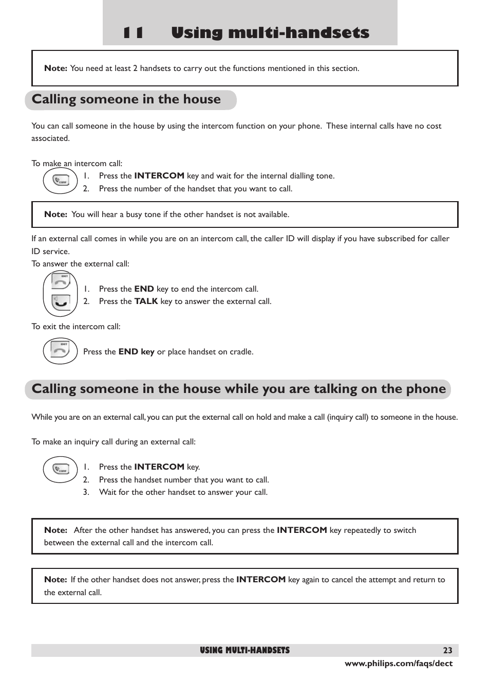 11 using multi-handsets, Calling someone in the house | Philips DECT 221 User Manual | Page 24 / 35