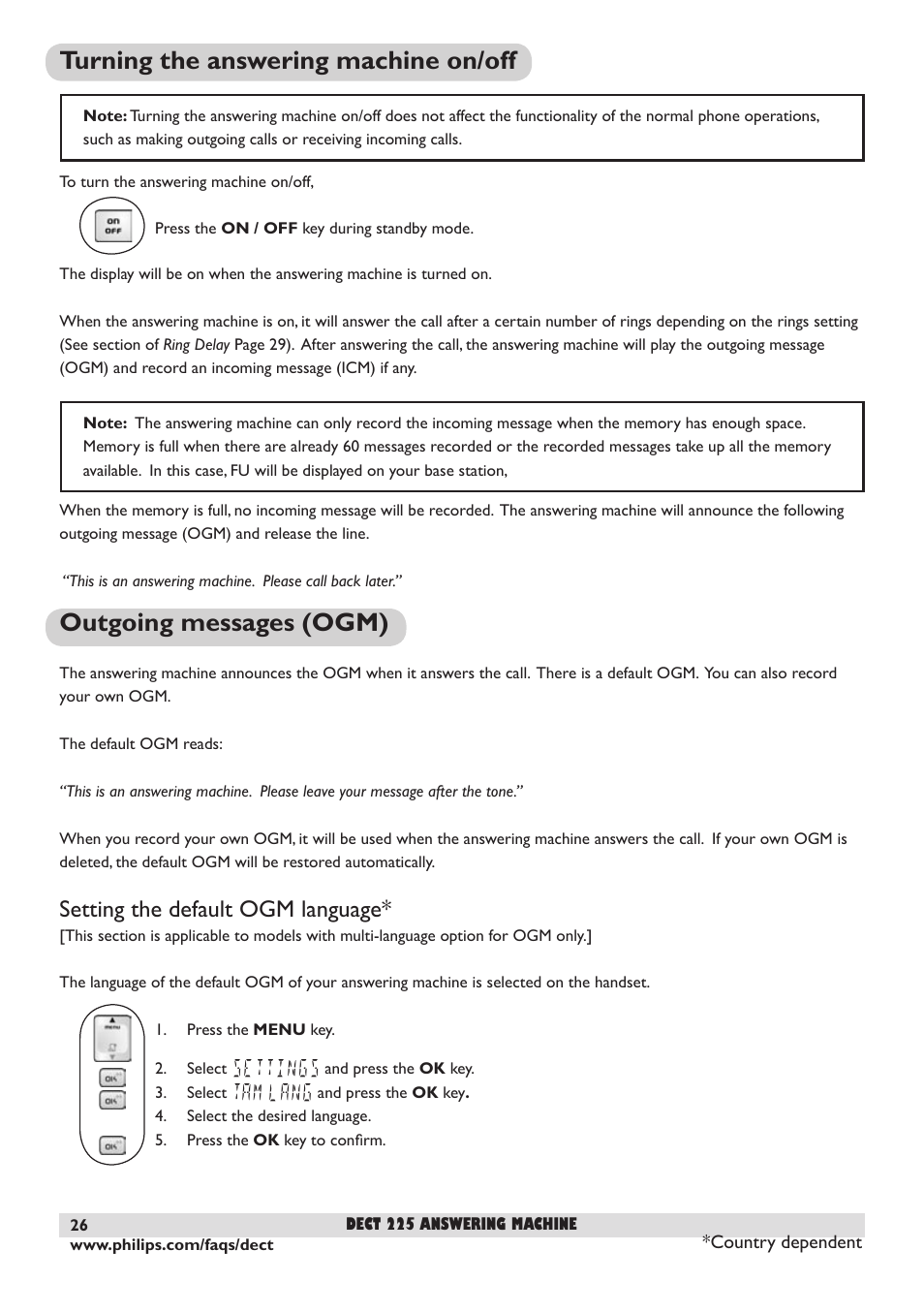 Turning the answering machine on/off, Outgoing messages (ogm), Setting the default ogm language | 26 outgoing messages (ogm) | Philips DECT 221 User Manual | Page 27 / 35