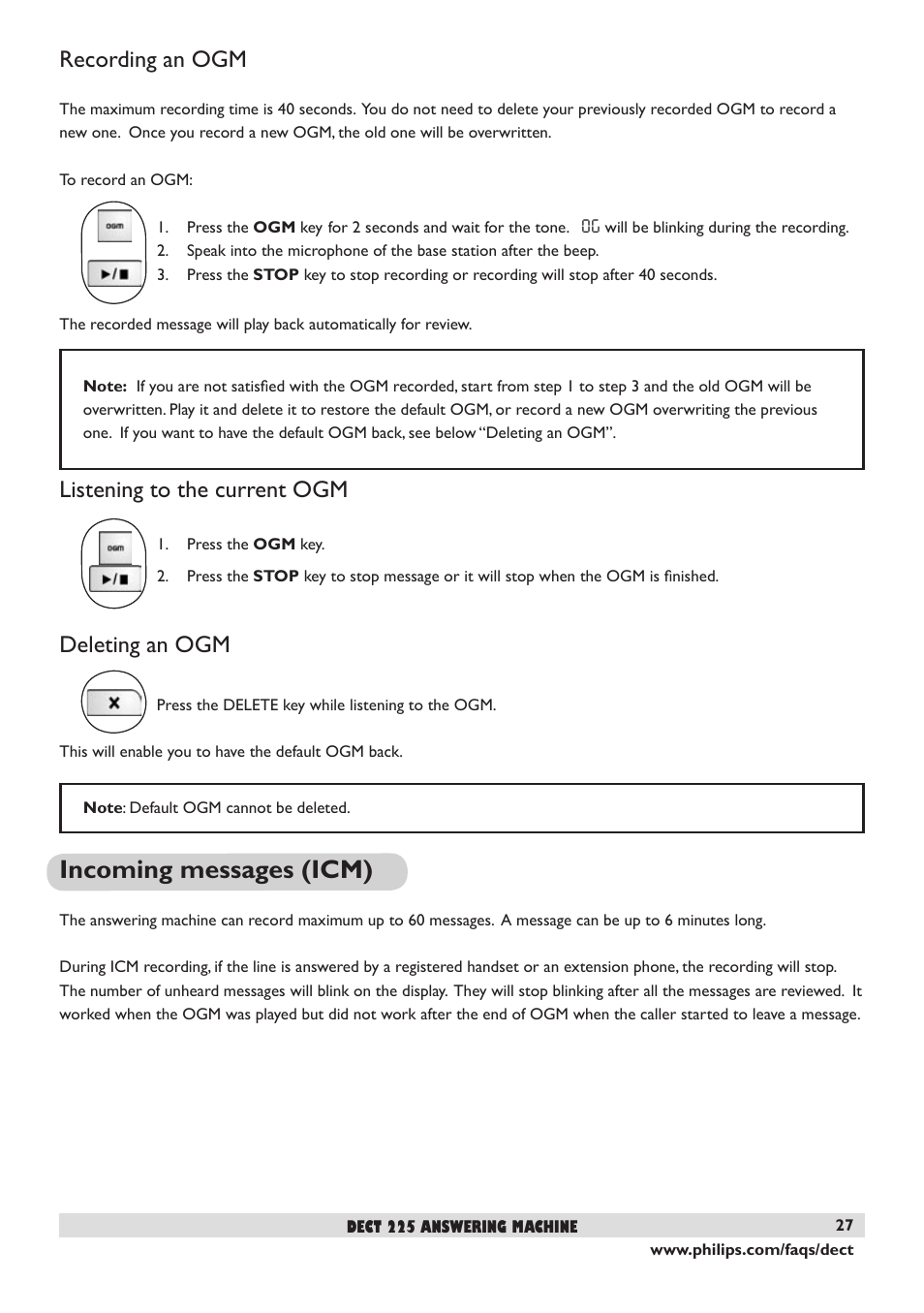 Recording an ogm, Listening to the current ogm, Deleting an ogm | Incoming messages (icm), 27 listening to the current ogm, 27 deleting an ogm | Philips DECT 221 User Manual | Page 28 / 35