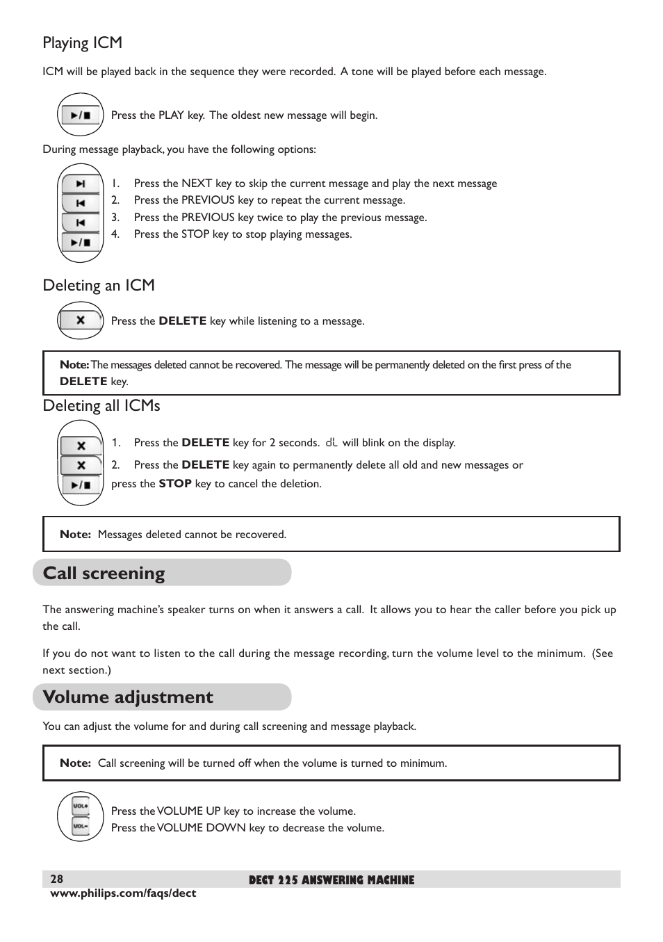 Playing icm, Deleting an icm, Deleting all icms | Call screening, Volume adjustment, 28 deleting all icms, 28 volume adjustment | Philips DECT 221 User Manual | Page 29 / 35