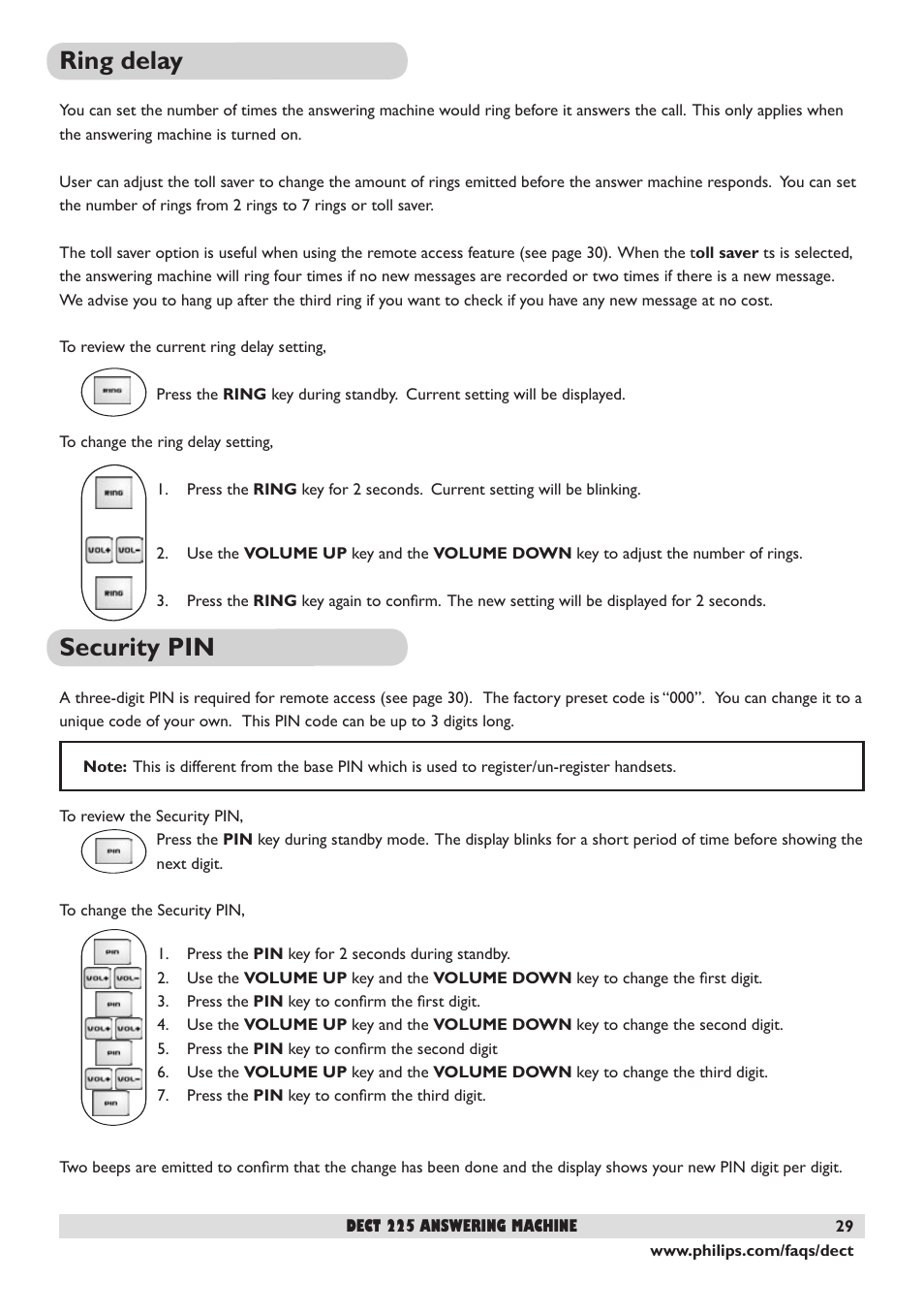 Ring delay, Security pin | Philips DECT 221 User Manual | Page 30 / 35