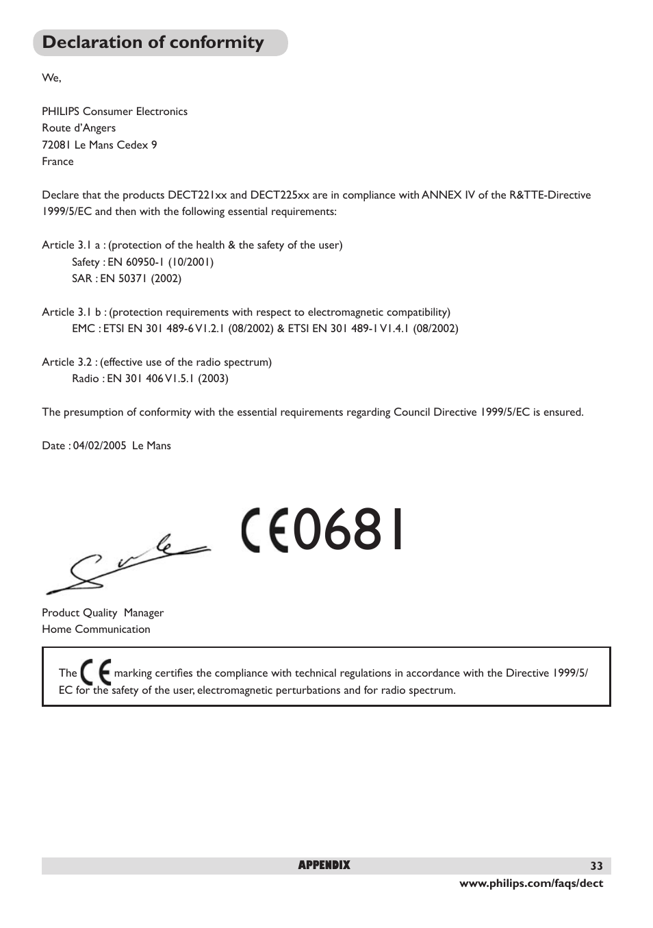 Declaration of conformity | Philips DECT 221 User Manual | Page 34 / 35